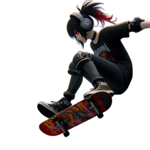 concept art, 3d render, photorealistic, cartoon, skateboarding, girl, japanese, outfit transparent PNG cut-out