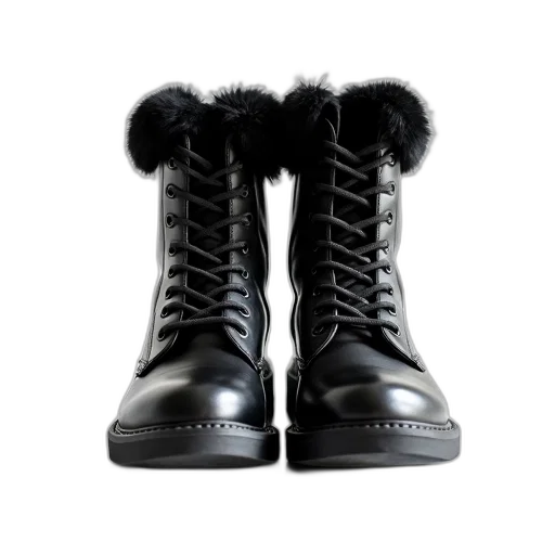 shoes, pair, black, high-top, lace-up, boots, fluffy, fur-like transparent PNG cut-out