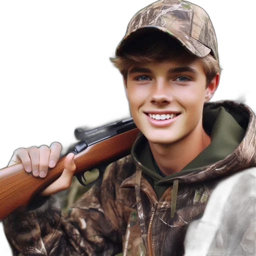 weapon, hat, jacket, animal, photorealistic, earth tones, young, man transparent PNG cut-out