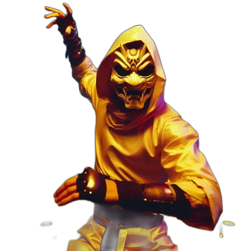 mask, staff, jacket, concept art, comic book art, fantasy art, pixel art, golden transparent PNG cut-out