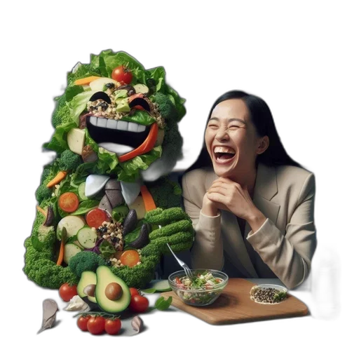 food, creature, face, jacket, concept art, photorealistic, woman, laughs transparent PNG cut-out