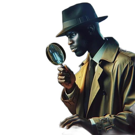 hat, jacket, staff, face, concept art, photorealistic, comic book art, detective transparent PNG cut-out