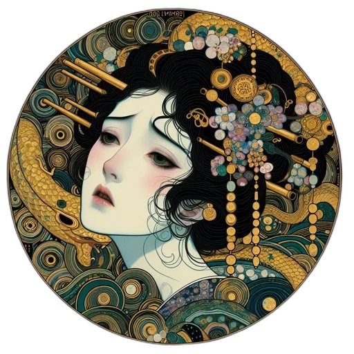 jewelry, face, fantasy art, oil painting, anime, watercolor, night, golden transparent PNG cut-out