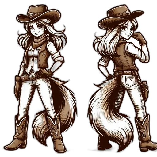 concept art, cartoon, fantasy art, comic book art, monochrome, earth tones, cowgirl, character transparent PNG cut-out