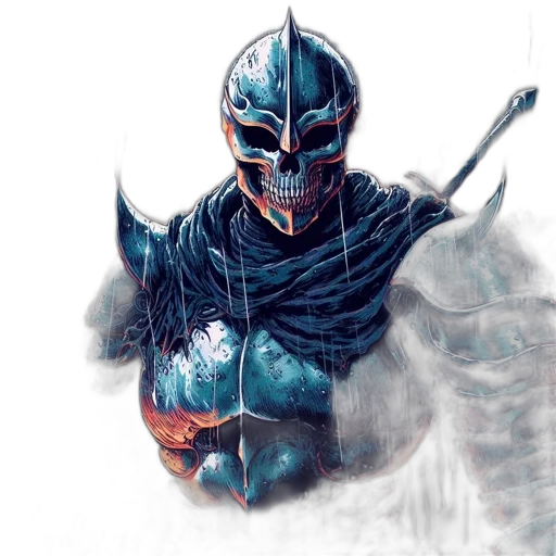 mask, sword, comic book art, concept art, fantasy art, watercolor, blue, intimidating transparent PNG cut-out