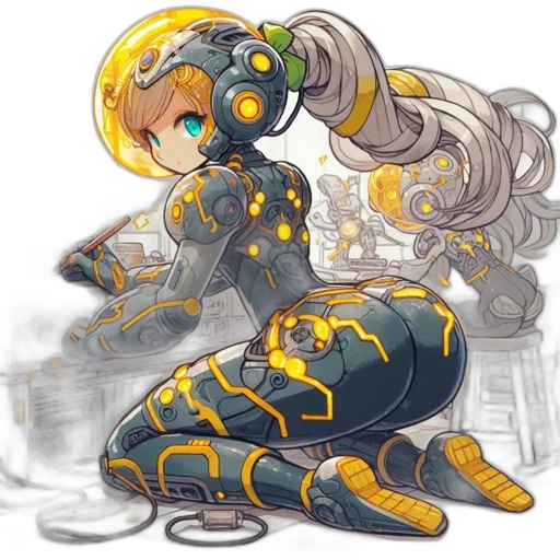 robot, weapon, dress, staff, concept art, cyberpunk, anime, pixel art transparent PNG cut-out