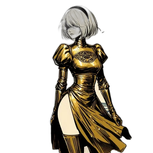 dress, robot, concept art, fantasy art, comic book art, pixel art, golden, monochrome transparent PNG cut-out