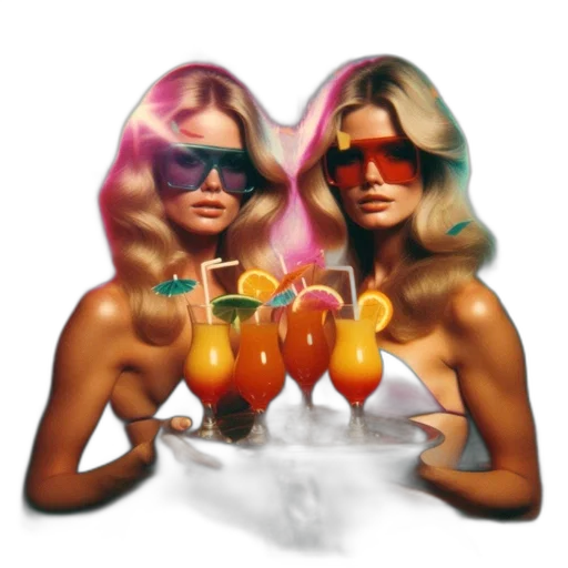 3d render, concept art, photorealistic, vaporwave, two, women, donning, oversized transparent PNG cut-out