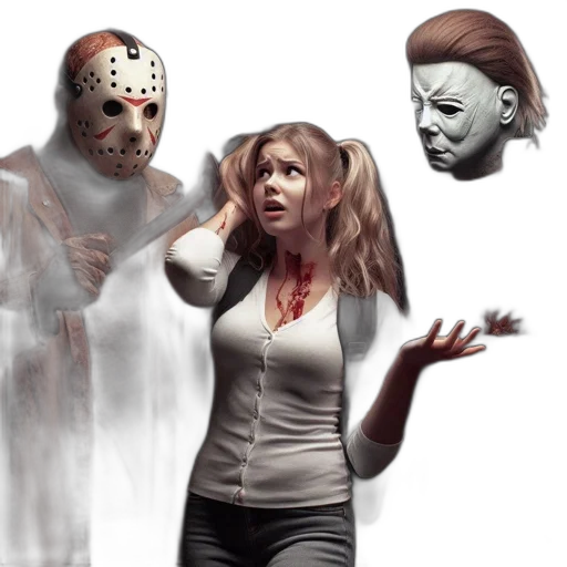 mask, concept art, 3d render, comic book art, photorealistic, frightened, young, woman transparent PNG cut-out