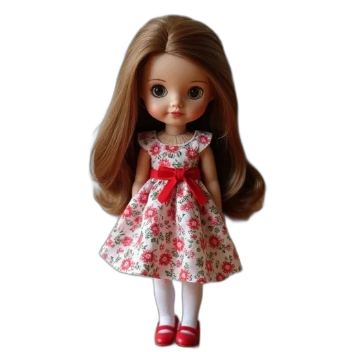dress, 3d render, doll, long, brown, hair, wearing, floral transparent PNG cut-out
