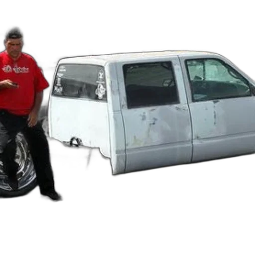 car, 3d render, concept art, photorealistic, man, red, shirt, stands transparent PNG cut-out