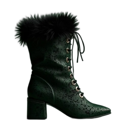 shoes, sore, lace, boot, fur, black, green, women transparent PNG cut-out