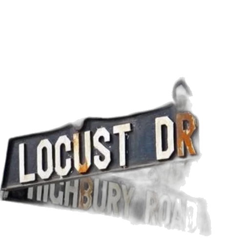 3d render, weathered, street, sign, reads, locust, drive, highbury transparent PNG cut-out