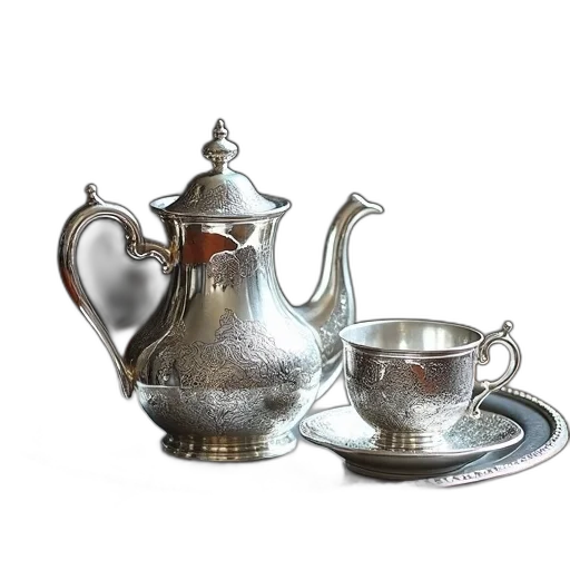 3d render, photorealistic, silver, teapot, intricate, designs, matching, cup transparent PNG cut-out
