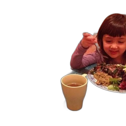 food, photorealistic, young, girl, smiles, while, eating, restaurant transparent PNG cut-out