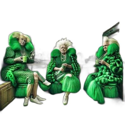 concept art, 3d render, photorealistic, green, three, elderly, women, outfits transparent PNG cut-out