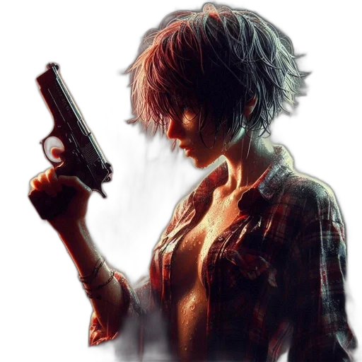 weapon, concept art, cyberpunk, comic book art, pixel art, young, woman, short transparent PNG cut-out