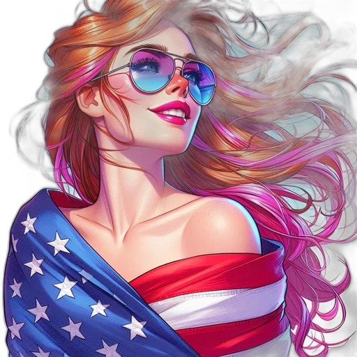 comic book art, cartoon, fantasy art, photorealistic, colorful, woman, wears, american transparent PNG cut-out