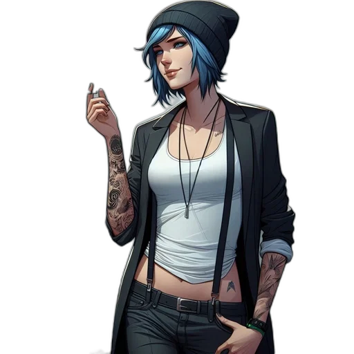 jacket, staff, jewelry, concept art, comic book art, cyberpunk, cartoon, blue transparent PNG cut-out