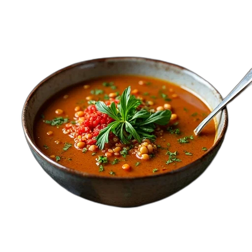 food, photorealistic, bowl, soup, spoon, placed, wooden, surface transparent PNG cut-out