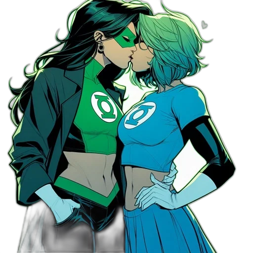 comic book art, concept art, green, two, animated, characters, loving, embrace transparent PNG cut-out