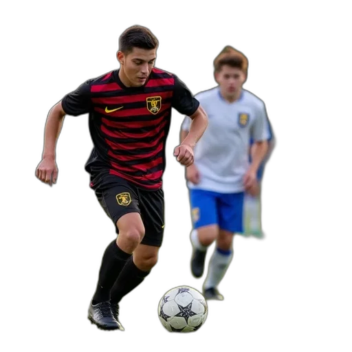 young, man, black, red, soccer, uniform, motion, kicking transparent PNG cut-out