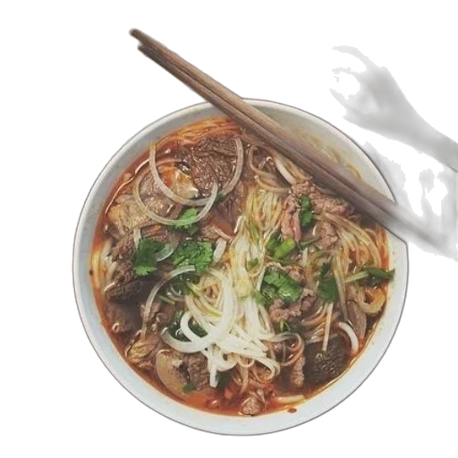 food, photorealistic, 3d render, bowl, beef, noodle, soup, chopsticks transparent PNG cut-out