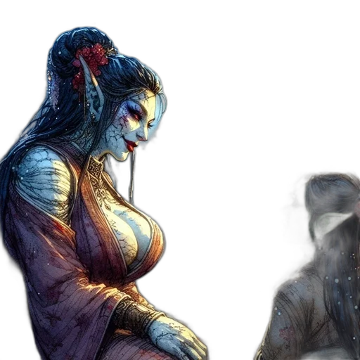 concept art, fantasy art, comic book art, watercolor, blue, two, women, one transparent PNG cut-out