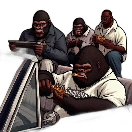 car, food, concept art, comic book art, photorealistic, cartoon, anthropomorphic, gorillas transparent PNG cut-out