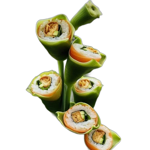 food, weapon, 3d render, photorealistic, sushi, rolls, arranged, green transparent PNG cut-out
