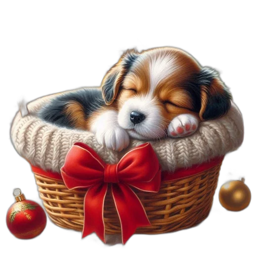 photorealistic, oil painting, inside, festive, home, sleeping, multicolored, dog transparent PNG cut-out
