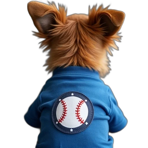 jacket, small, brown, dog, wearing, blue, t-shirt, baseball transparent PNG cut-out