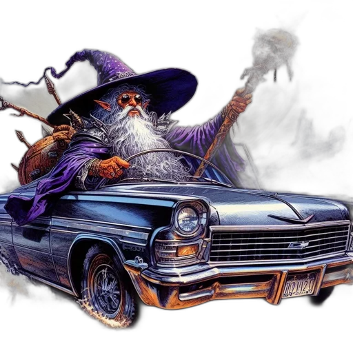 car, concept art, fantasy art, photorealistic, comic book art, elderly, wizard, clad transparent PNG cut-out