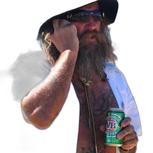 hat, jacket, bottle, staff, man, beard, tattoos, holds transparent PNG cut-out
