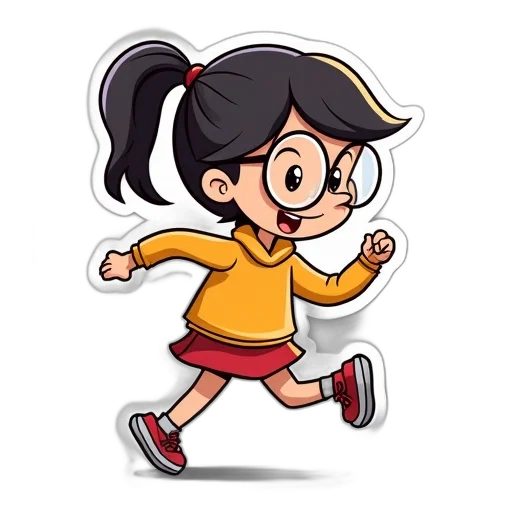 cartoon, pixel art, anime, comic book art, girl, spectacles, running, original transparent PNG cut-out