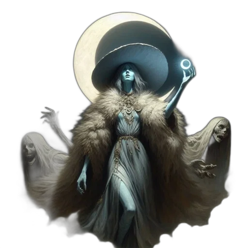 staff, crown, mask, creature, concept art, fantasy art, comic book art, blue transparent PNG cut-out