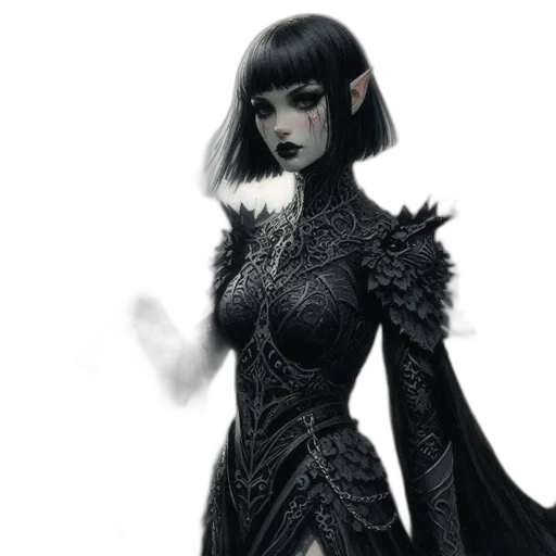 dress, fantasy art, concept art, 3d render, comic book art, monochrome, dark, female transparent PNG cut-out