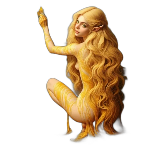 hair, dress, fantasy art, concept art, pixel art, 3d render, golden, elven transparent PNG cut-out