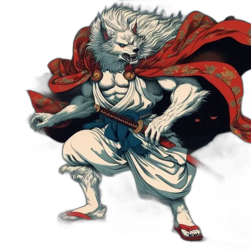 concept art, fantasy art, comic book art, anime, anthropomorphic, wolf, figure, adorned transparent PNG cut-out