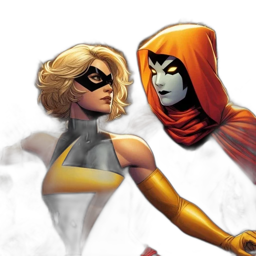 comic book art, concept art, golden, two, superheroines, one, yellow, lightning transparent PNG cut-out