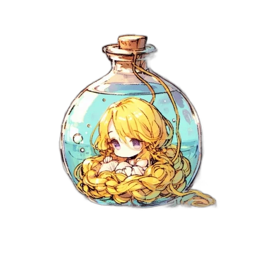 bottle, dress, crown, hair, watercolor, pixel art, anime, fantasy art transparent PNG cut-out
