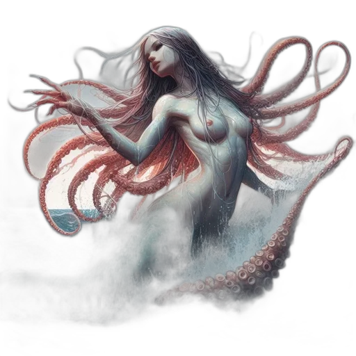 creature, hair, dress, fantasy art, concept art, watercolor, comic book art, underwater transparent PNG cut-out