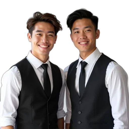 staff, jacket, photorealistic, dark, two, young, men, posing transparent PNG cut-out