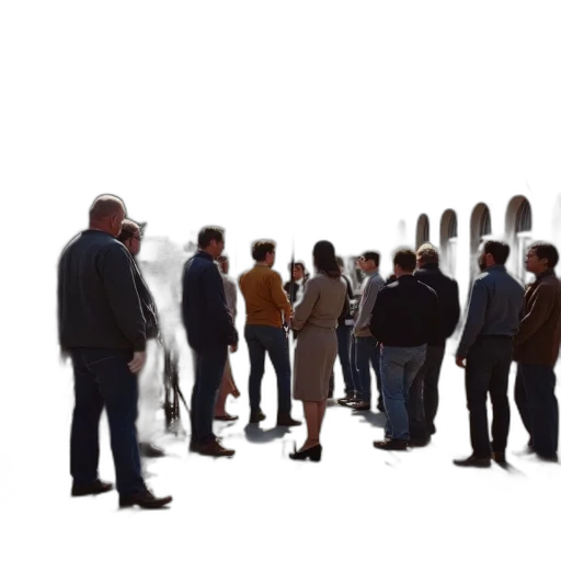 staff, jacket, concept art, 3d render, city street, group, people, gathered transparent PNG cut-out