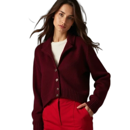 jacket, red, woman, wearing, burgundy, jumper, white, top transparent PNG cut-out