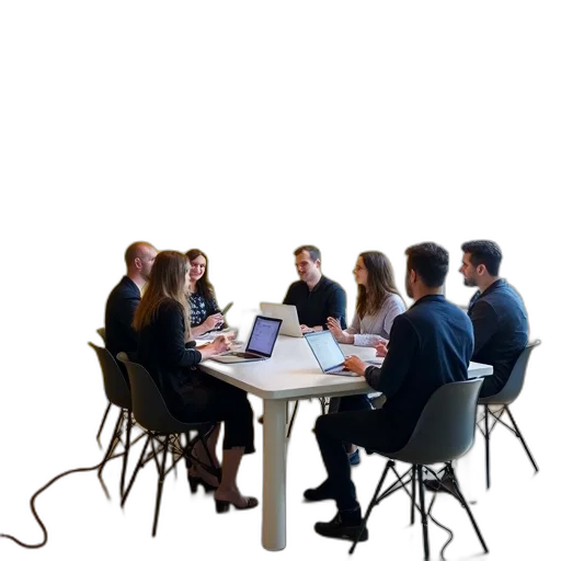 staff, 3d render, first, image, shows, group, people, sitting transparent PNG cut-out