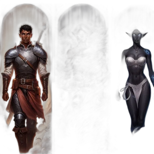 concept art, fantasy art, comic book art, dark, monochrome, earth tones, three, distinct transparent PNG cut-out