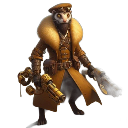 staff, jacket, animal, weapon, concept art, fantasy art, 3d render, golden transparent PNG cut-out