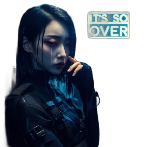 cyberpunk, concept art, comic book art, photorealistic, outer space, blue, dark, woman transparent PNG cut-out