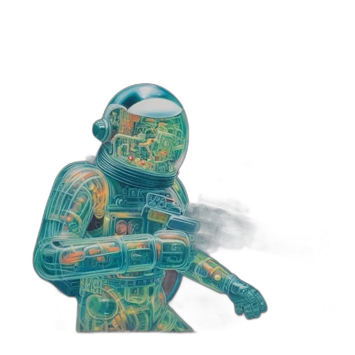 robot, weapon, mask, jacket, concept art, vaporwave, pixel art, watercolor transparent PNG cut-out